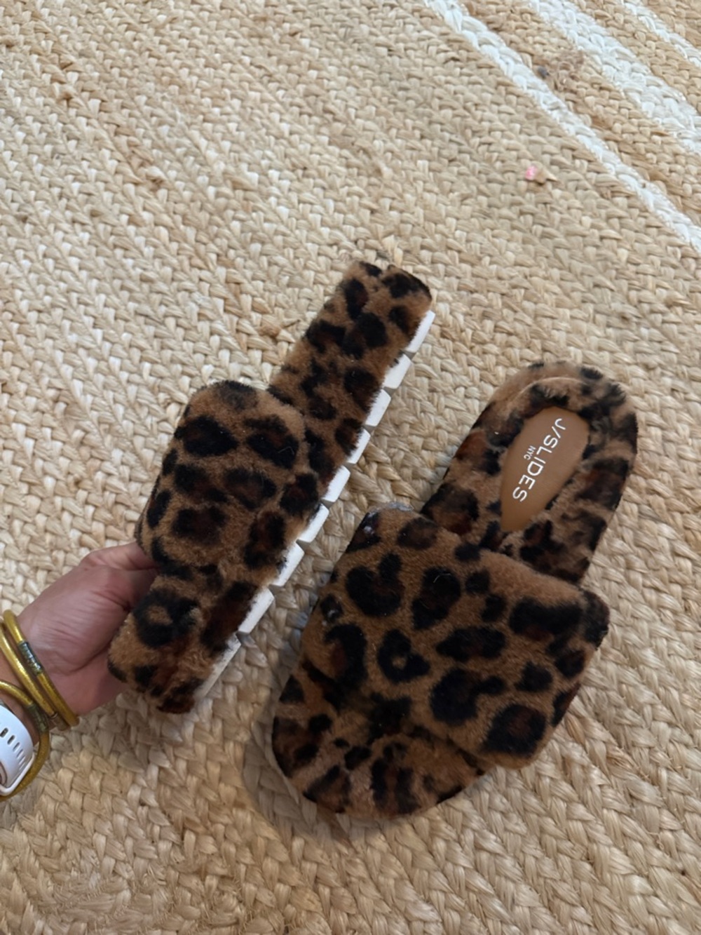 J Slides Leopard Print Faux Fur Slide Slippers - Brown & Black